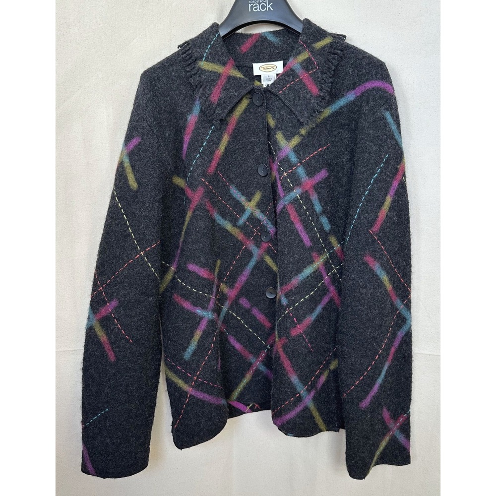 Talbots 100%Wool‎ Granny Artsy Gray Abstract Plaid Fringe Cardigan Sweater L Vtg